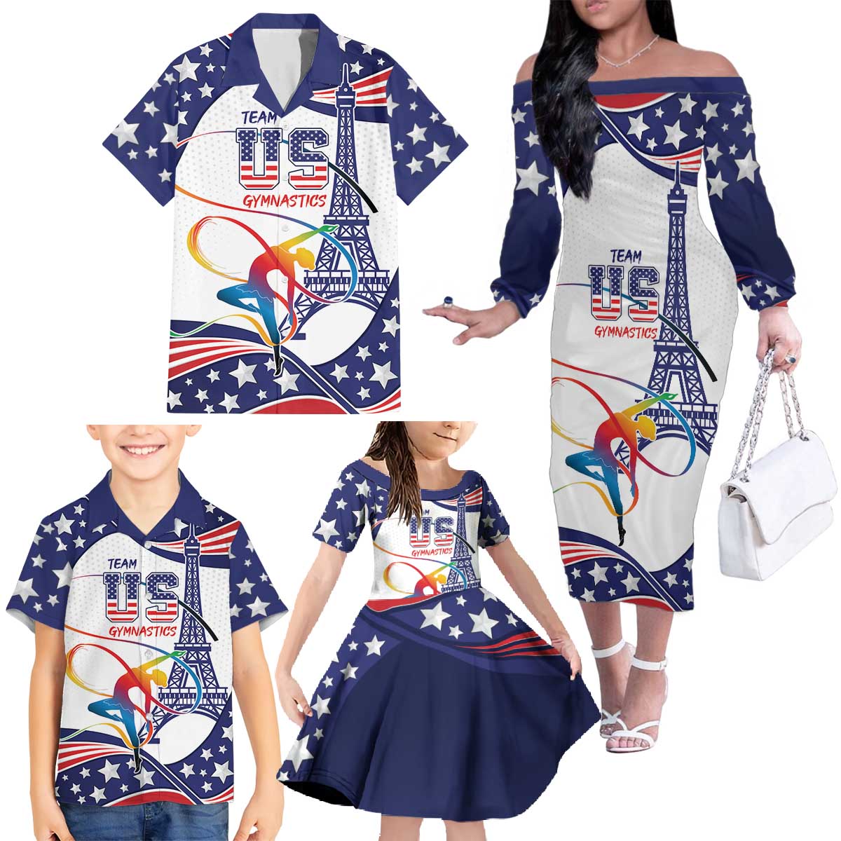 Personalized USA Gymnastics Family Matching Off The Shoulder Long Sleeve Dress and Hawaiian Shirt One For All Summer Sport - Wonder Print Shop