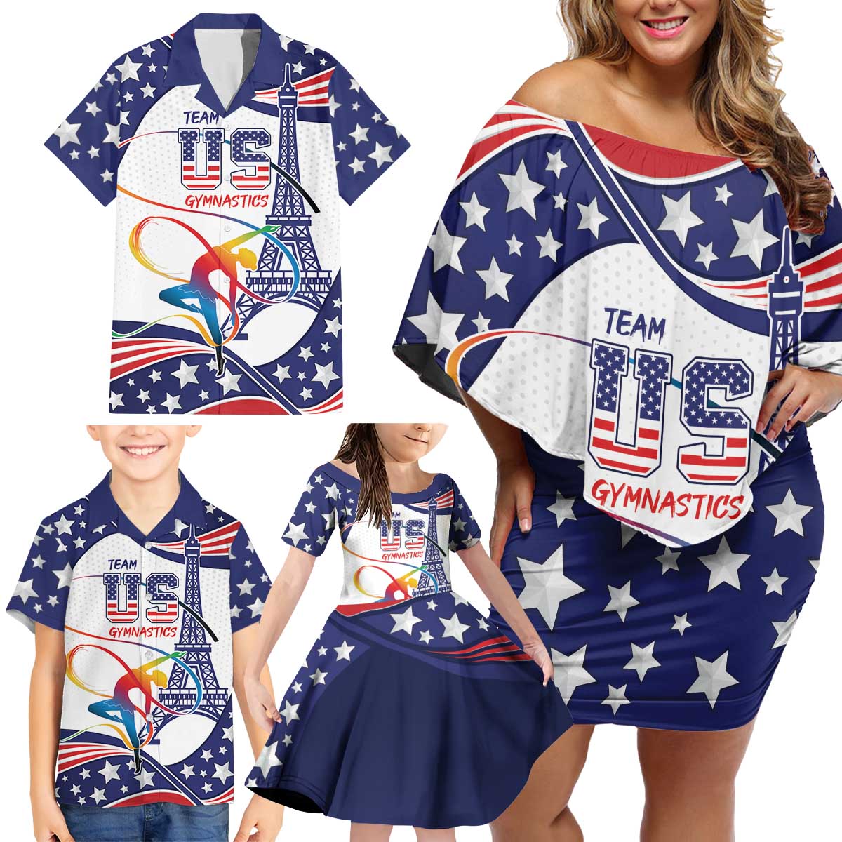 Personalized USA Gymnastics Family Matching Off Shoulder Short Dress and Hawaiian Shirt One For All Summer Sport LT9 - Wonder Print Shop