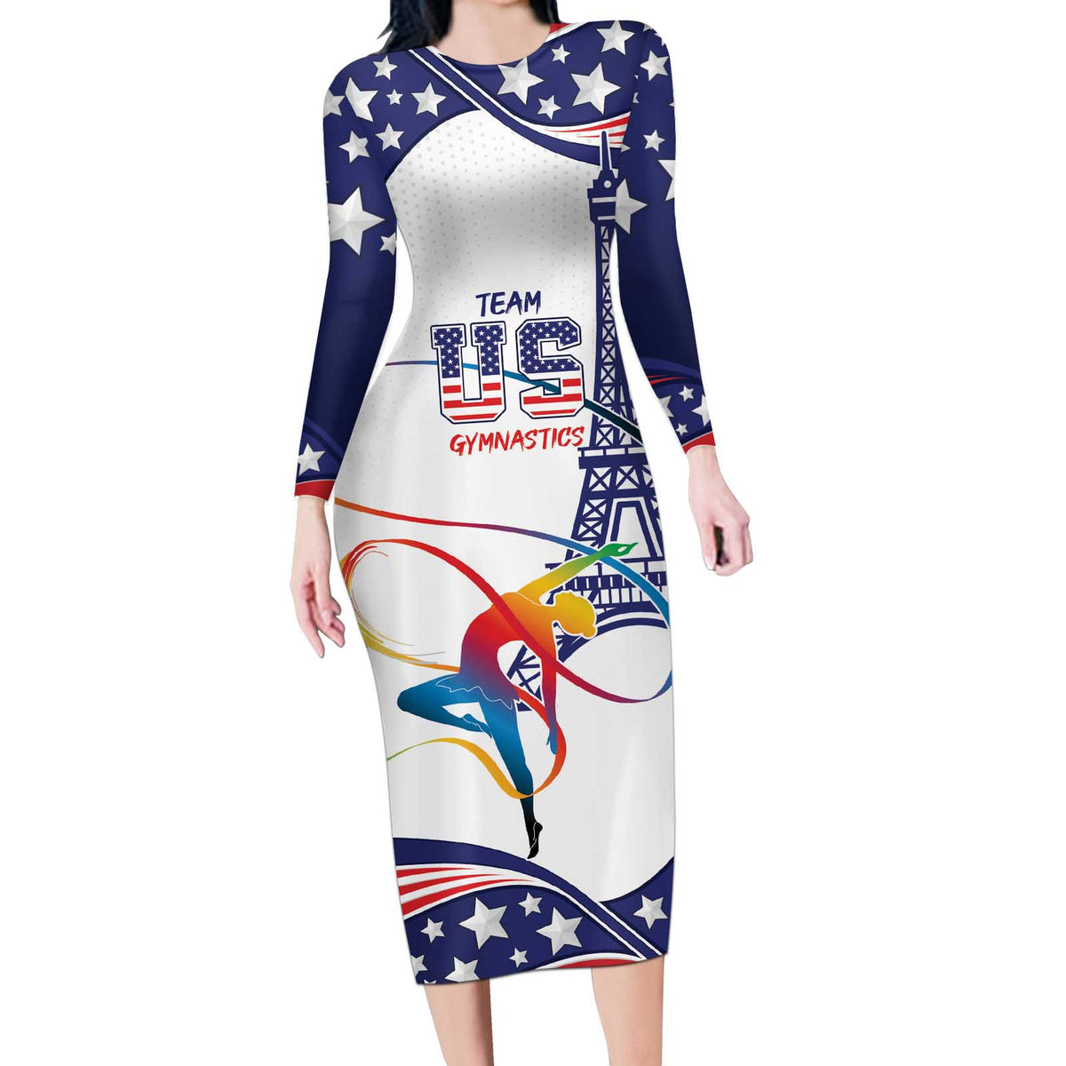 Personalized USA Gymnastics Long Sleeve Bodycon Dress One For All Summer Sport - Wonder Print Shop