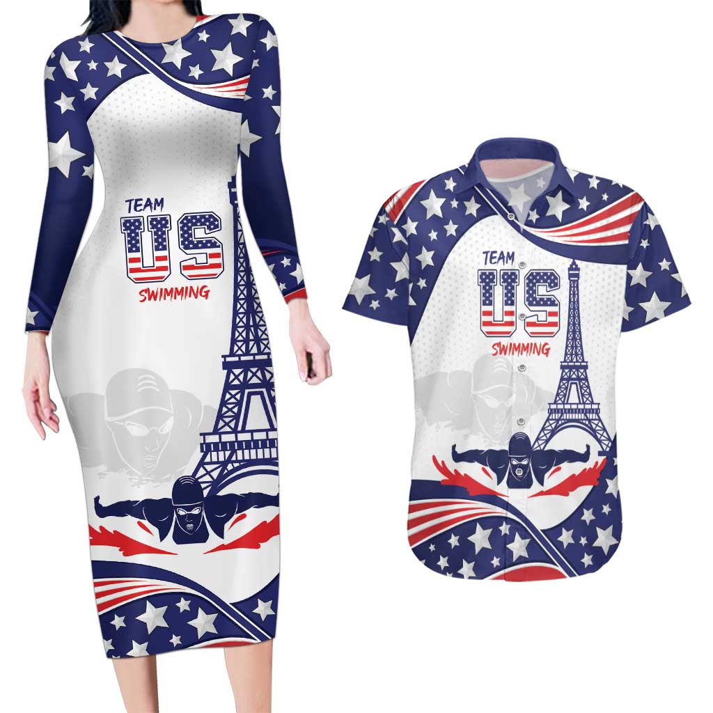 Personalized USA Swimming Couples Matching Long Sleeve Bodycon Dress and Hawaiian Shirt One For All Summer Sport LT9 - Wonder Print Shop
