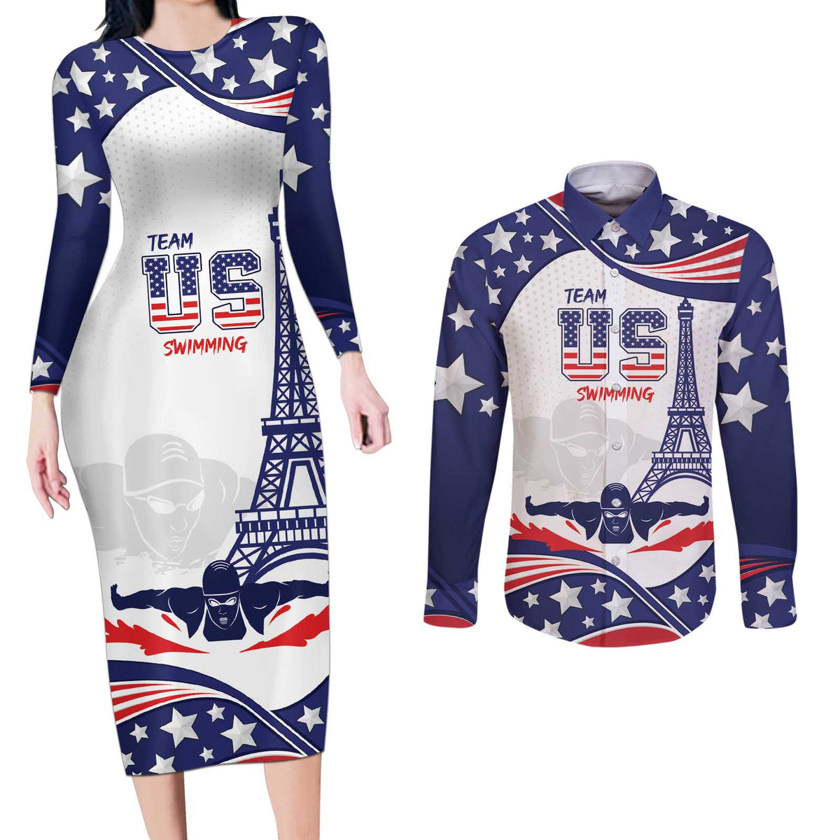 Personalized USA Swimming Couples Matching Long Sleeve Bodycon Dress and Long Sleeve Button Shirt One For All Summer Sport LT9 - Wonder Print Shop