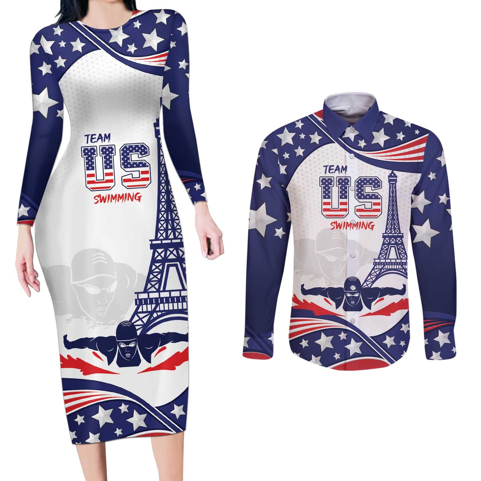 Personalized USA Swimming Couples Matching Long Sleeve Bodycon Dress and Long Sleeve Button Shirt One For All Summer Sport LT9 - Wonder Print Shop