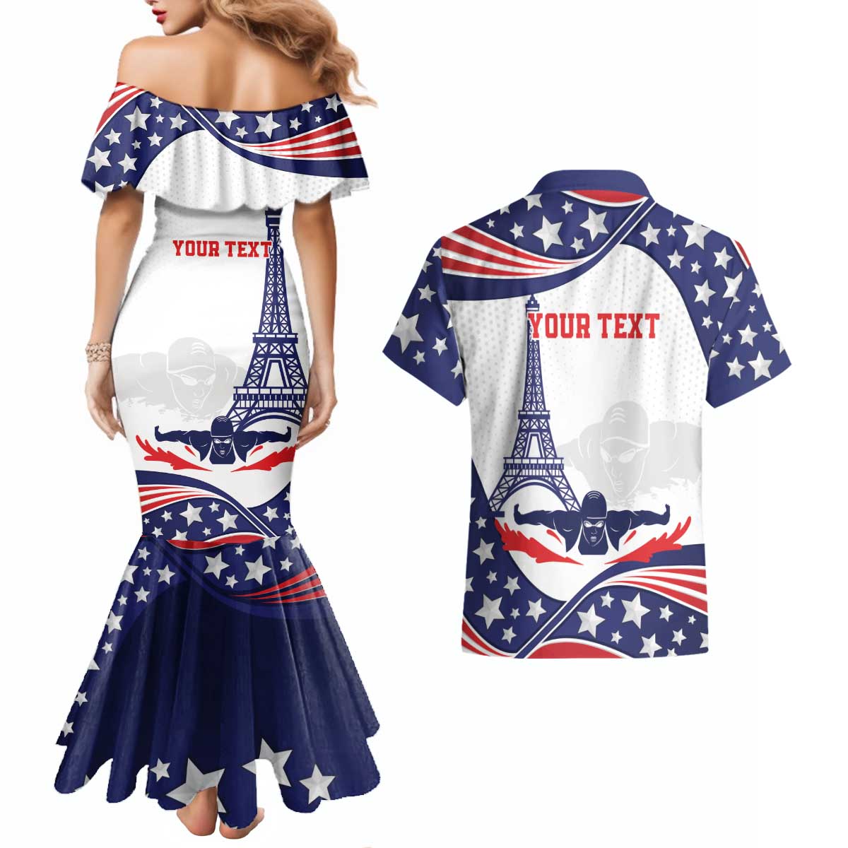 Personalized USA Swimming Couples Matching Mermaid Dress and Hawaiian Shirt One For All Summer Sport LT9 - Wonder Print Shop