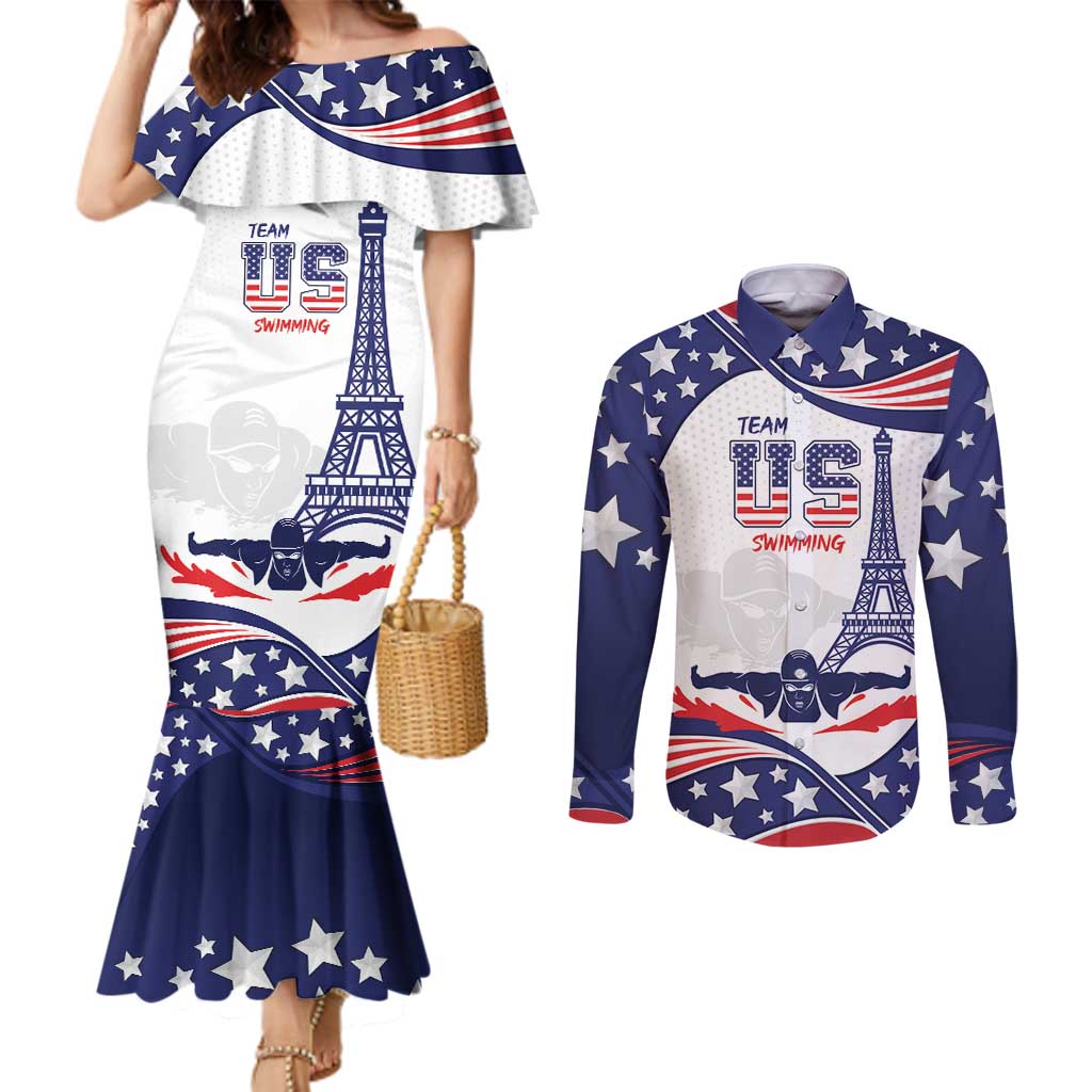 Personalized USA Swimming Couples Matching Mermaid Dress and Long Sleeve Button Shirt One For All Summer Sport