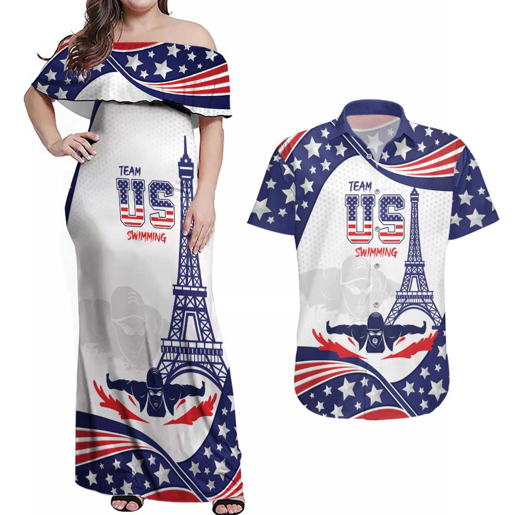 Personalized USA Swimming Couples Matching Off Shoulder Maxi Dress and Hawaiian Shirt One For All Summer Sport LT9 - Wonder Print Shop