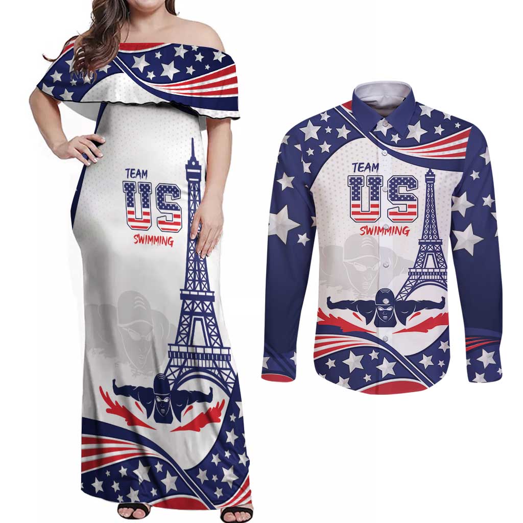 Personalized USA Swimming Couples Matching Off Shoulder Maxi Dress and Long Sleeve Button Shirt One For All Summer Sport LT9 - Wonder Print Shop