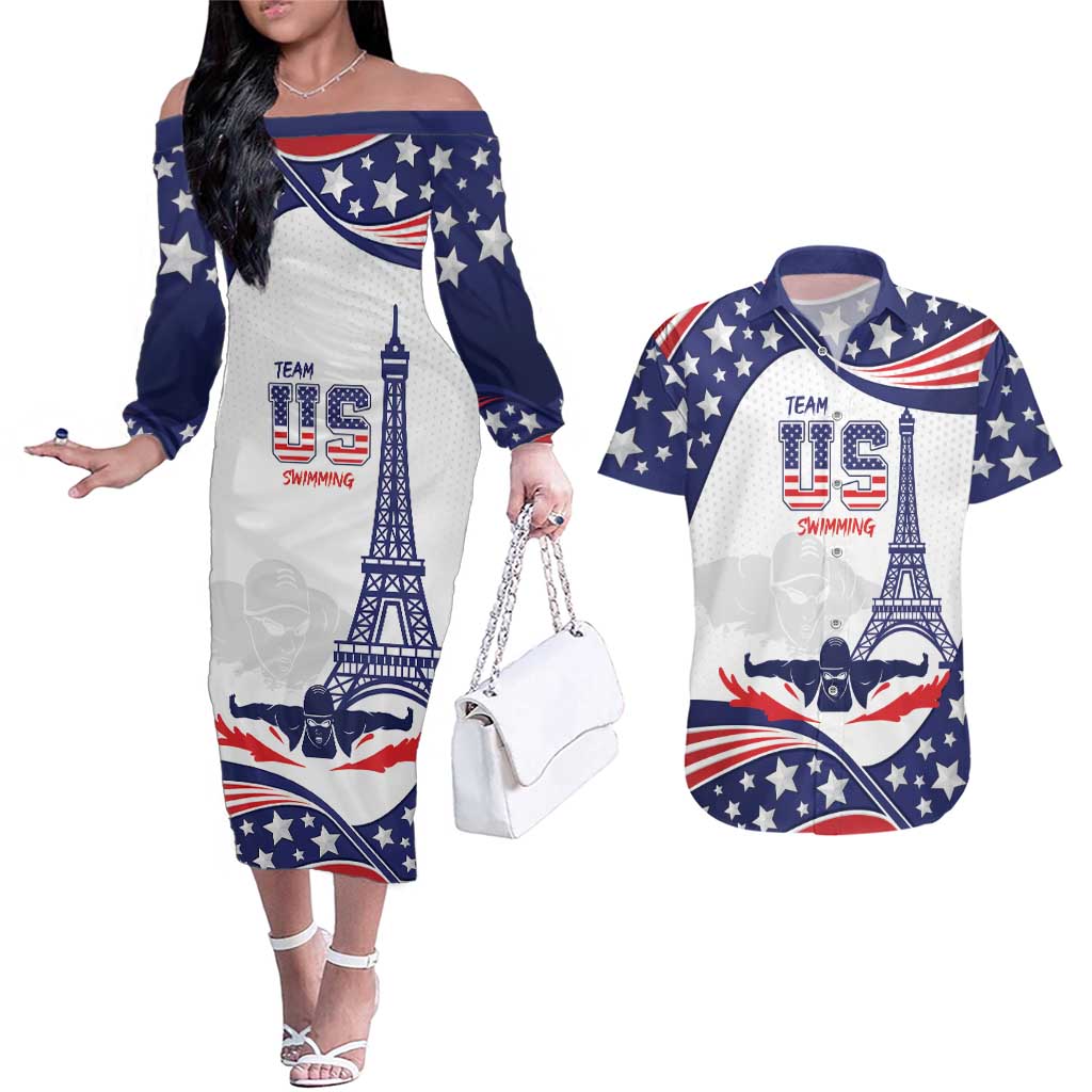 Personalized USA Swimming Couples Matching Off The Shoulder Long Sleeve Dress and Hawaiian Shirt One For All Summer Sport LT9 - Wonder Print Shop