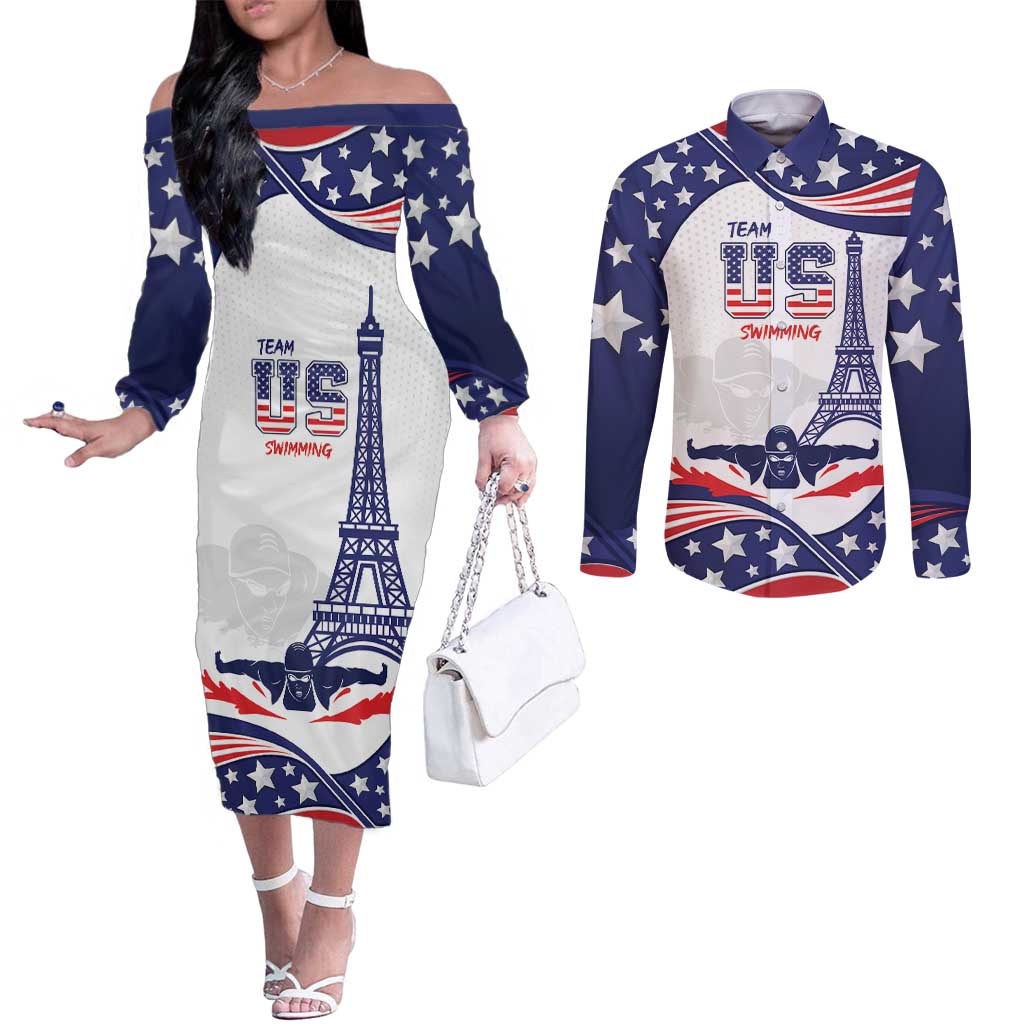 Personalized USA Swimming Couples Matching Off The Shoulder Long Sleeve Dress and Long Sleeve Button Shirt One For All Summer Sport