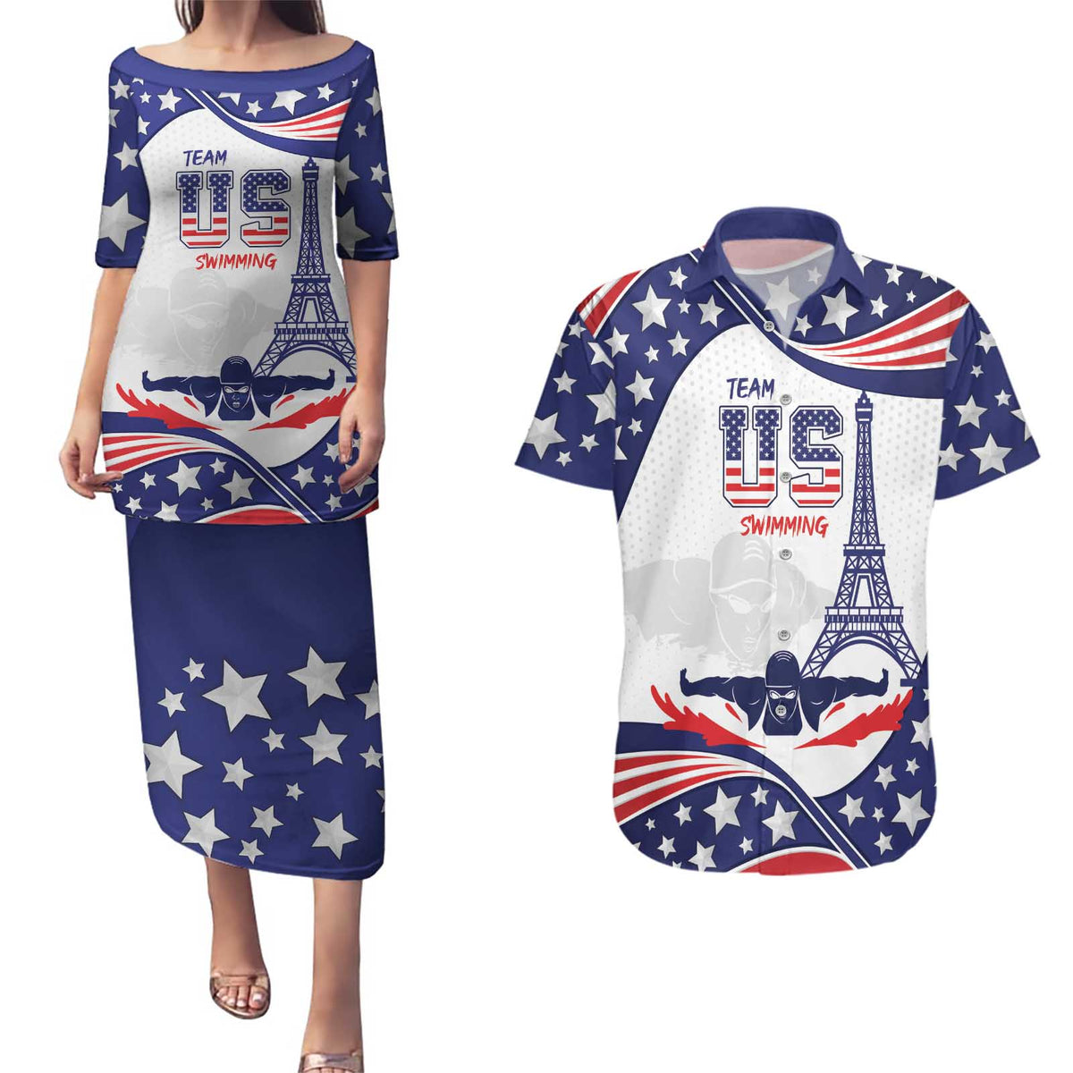 Personalized USA Swimming Couples Matching Puletasi and Hawaiian Shirt One For All Summer Sport LT9 - Wonder Print Shop