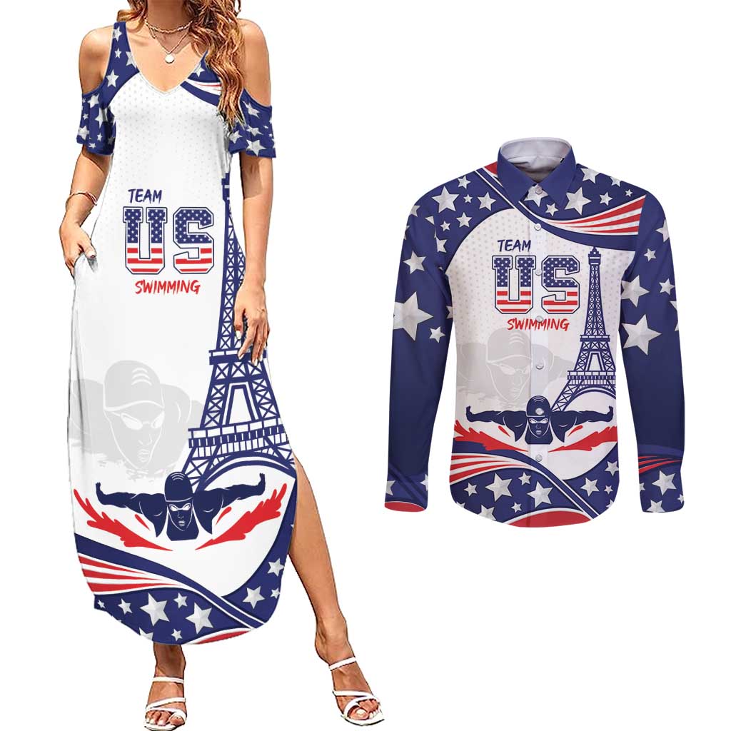 Personalized USA Swimming Couples Matching Summer Maxi Dress and Long Sleeve Button Shirt One For All Summer Sport LT9 - Wonder Print Shop
