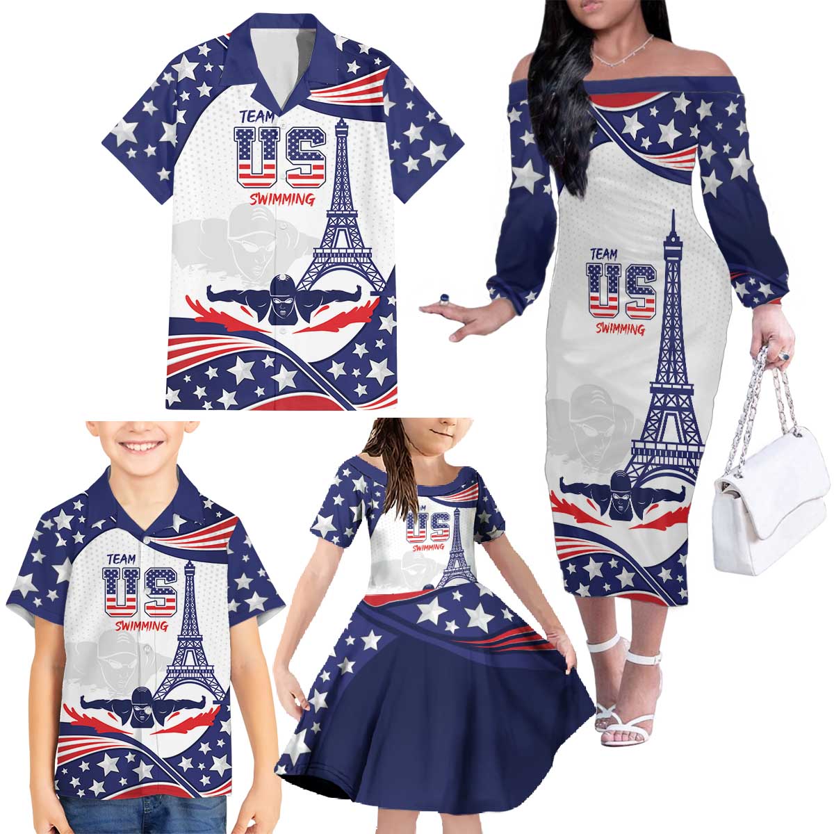Personalized USA Swimming Family Matching Off The Shoulder Long Sleeve Dress and Hawaiian Shirt One For All Summer Sport - Wonder Print Shop