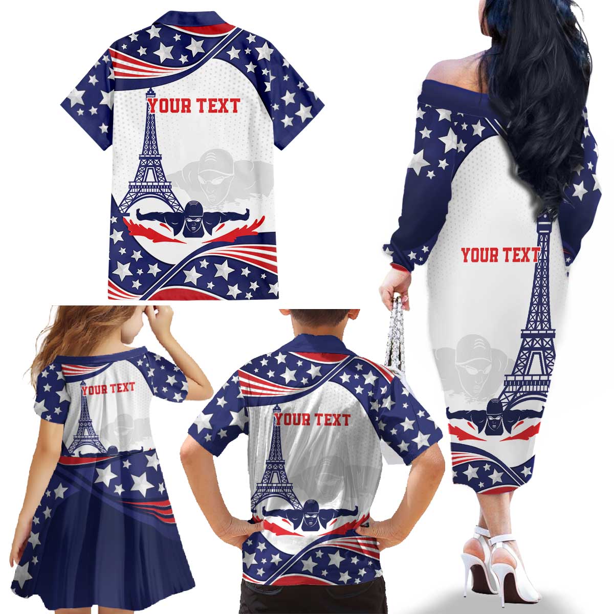 Personalized USA Swimming Family Matching Off The Shoulder Long Sleeve Dress and Hawaiian Shirt One For All Summer Sport - Wonder Print Shop