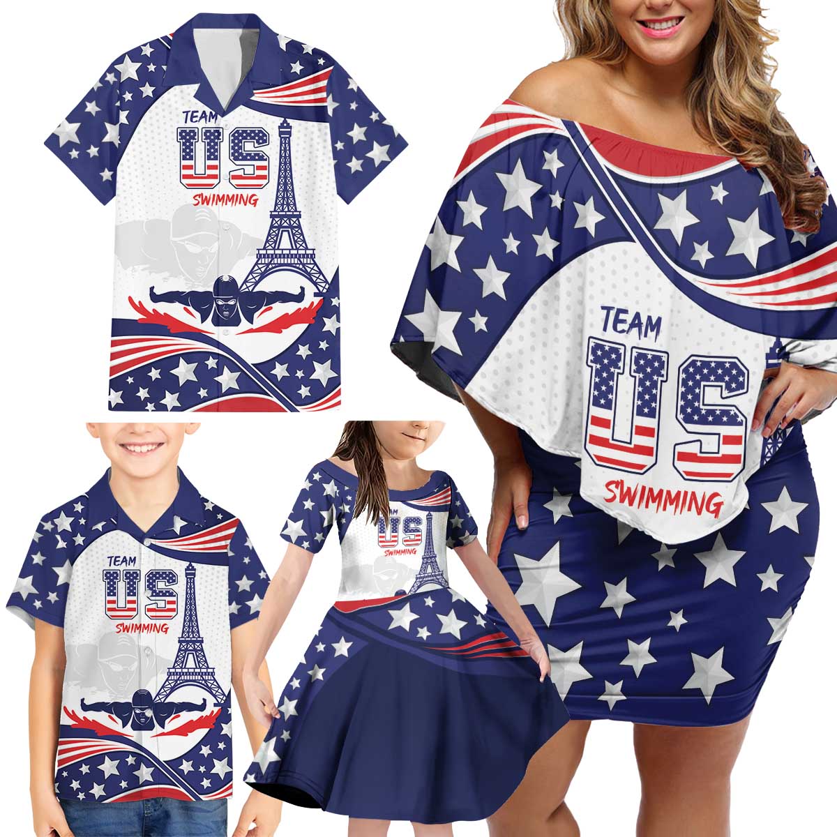 Personalized USA Swimming Family Matching Off Shoulder Short Dress and Hawaiian Shirt One For All Summer Sport LT9 - Wonder Print Shop