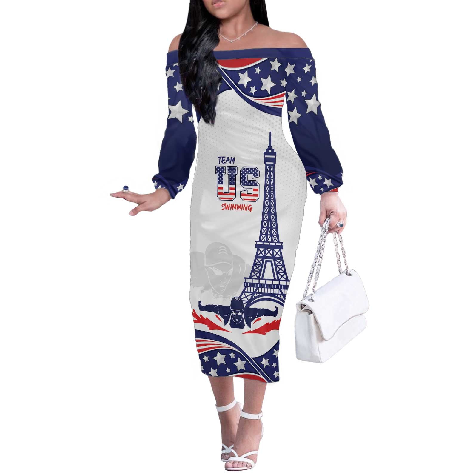 Personalized USA Swimming Off The Shoulder Long Sleeve Dress One For All Summer Sport - Wonder Print Shop