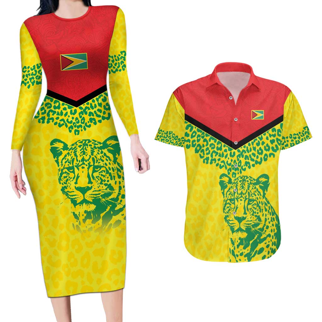 Custom Guyana Golden Jaguars Couples Matching Long Sleeve Bodycon Dress and Hawaiian Shirt Heritage Flame Edition - Wonder Print Shop