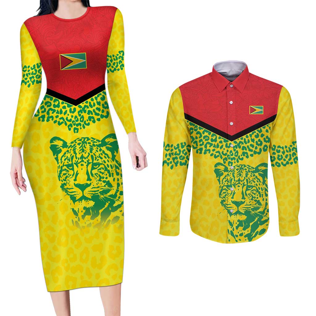 Custom Guyana Golden Jaguars Couples Matching Long Sleeve Bodycon Dress and Long Sleeve Button Shirt Heritage Flame Edition - Wonder Print Shop