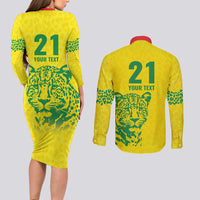 Custom Guyana Golden Jaguars Couples Matching Long Sleeve Bodycon Dress and Long Sleeve Button Shirt Heritage Flame Edition - Wonder Print Shop