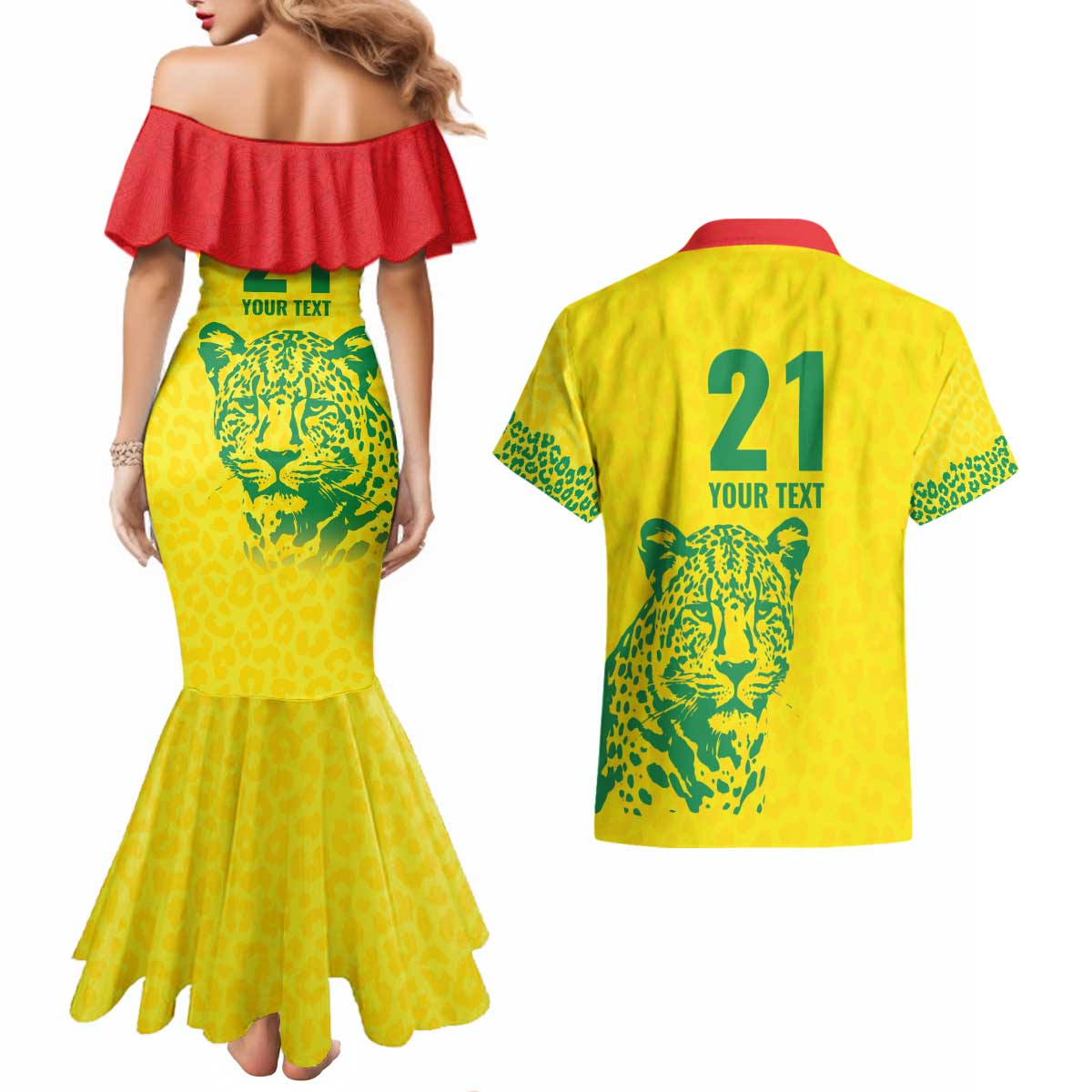 Custom Guyana Golden Jaguars Couples Matching Mermaid Dress and Hawaiian Shirt Heritage Flame Edition - Wonder Print Shop