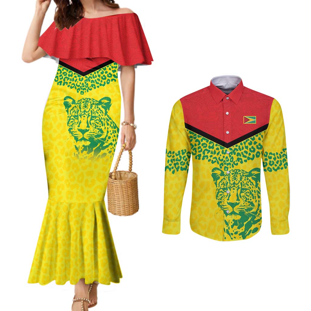 Custom Guyana Golden Jaguars Couples Matching Mermaid Dress and Long Sleeve Button Shirt Heritage Flame Edition - Wonder Print Shop