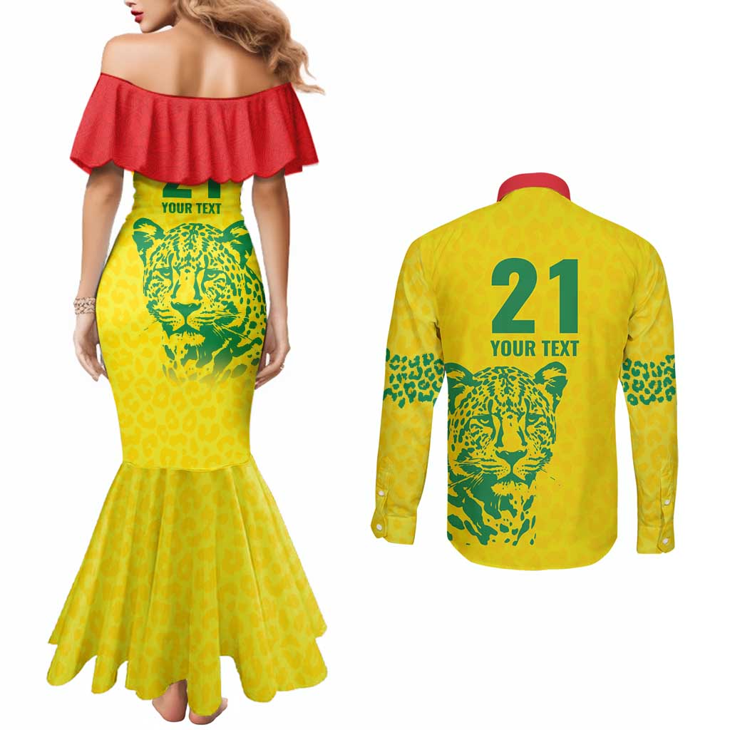 Custom Guyana Golden Jaguars Couples Matching Mermaid Dress and Long Sleeve Button Shirt Heritage Flame Edition - Wonder Print Shop