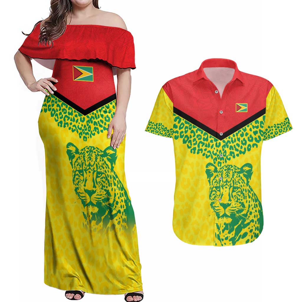 Custom Guyana Golden Jaguars Couples Matching Off Shoulder Maxi Dress and Hawaiian Shirt Heritage Flame Edition - Wonder Print Shop
