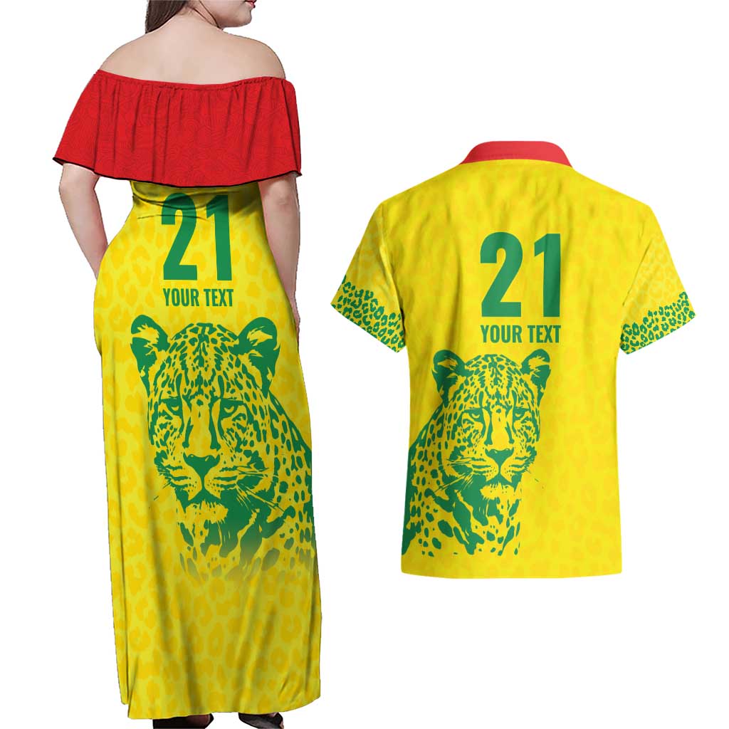 Custom Guyana Golden Jaguars Couples Matching Off Shoulder Maxi Dress and Hawaiian Shirt Heritage Flame Edition - Wonder Print Shop
