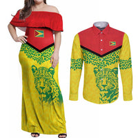 Custom Guyana Golden Jaguars Couples Matching Off Shoulder Maxi Dress and Long Sleeve Button Shirt Heritage Flame Edition - Wonder Print Shop