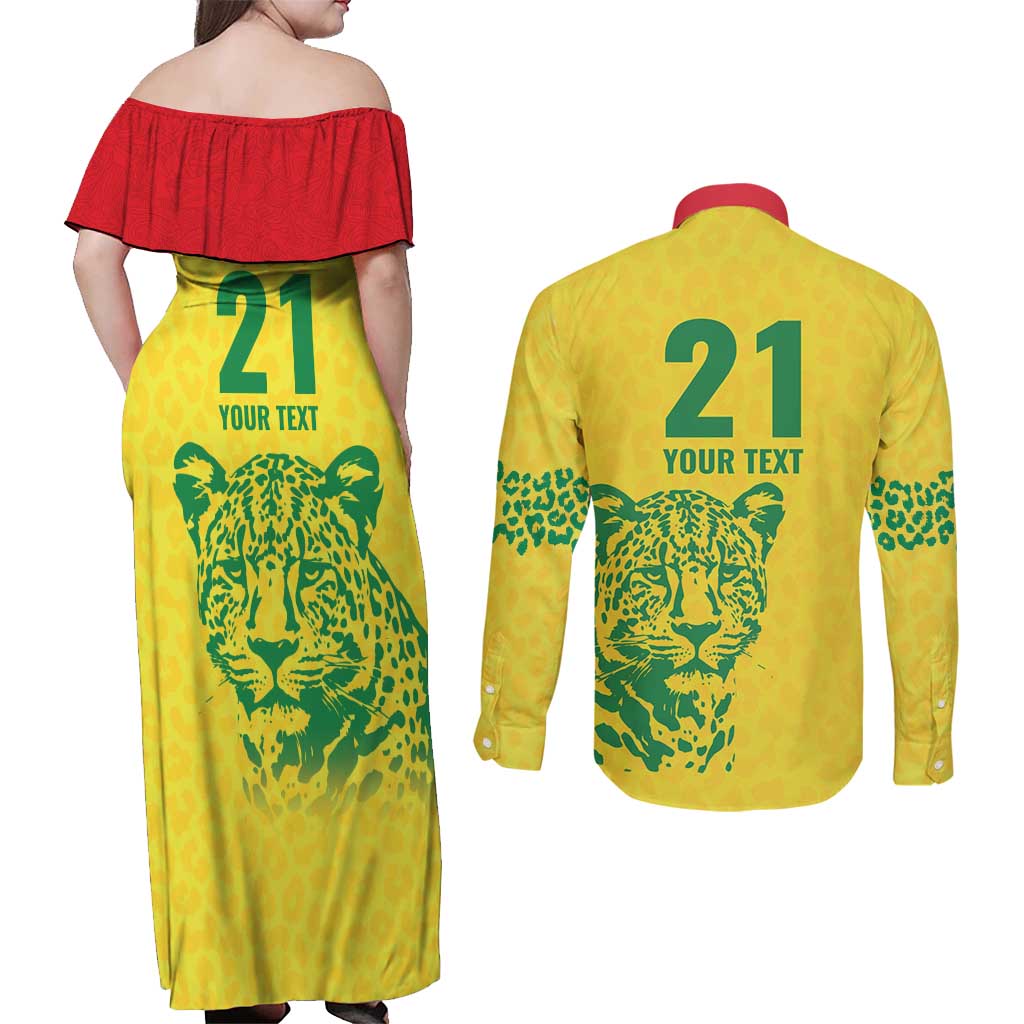 Custom Guyana Golden Jaguars Couples Matching Off Shoulder Maxi Dress and Long Sleeve Button Shirt Heritage Flame Edition - Wonder Print Shop