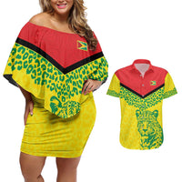 Custom Guyana Golden Jaguars Couples Matching Off Shoulder Short Dress and Hawaiian Shirt Heritage Flame Edition - Wonder Print Shop