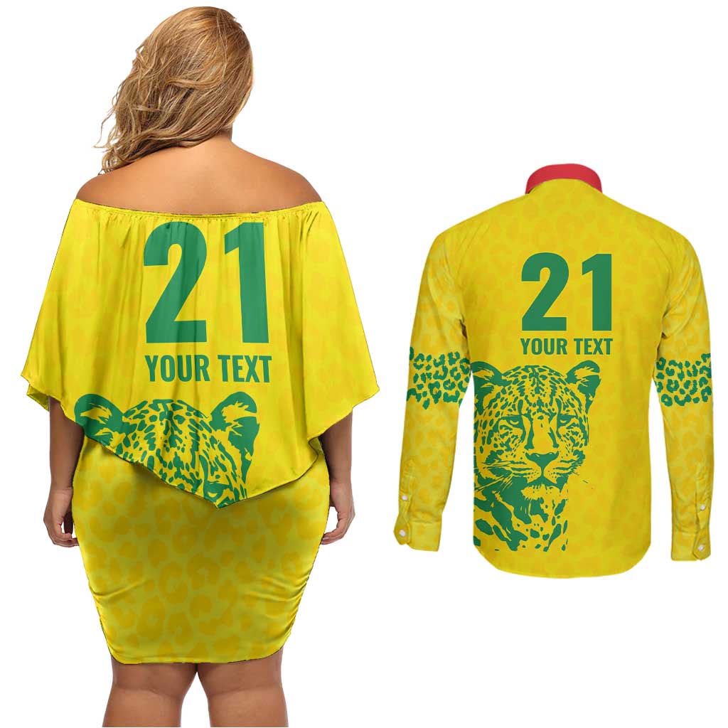 Custom Guyana Golden Jaguars Couples Matching Off Shoulder Short Dress and Long Sleeve Button Shirt Heritage Flame Edition - Wonder Print Shop