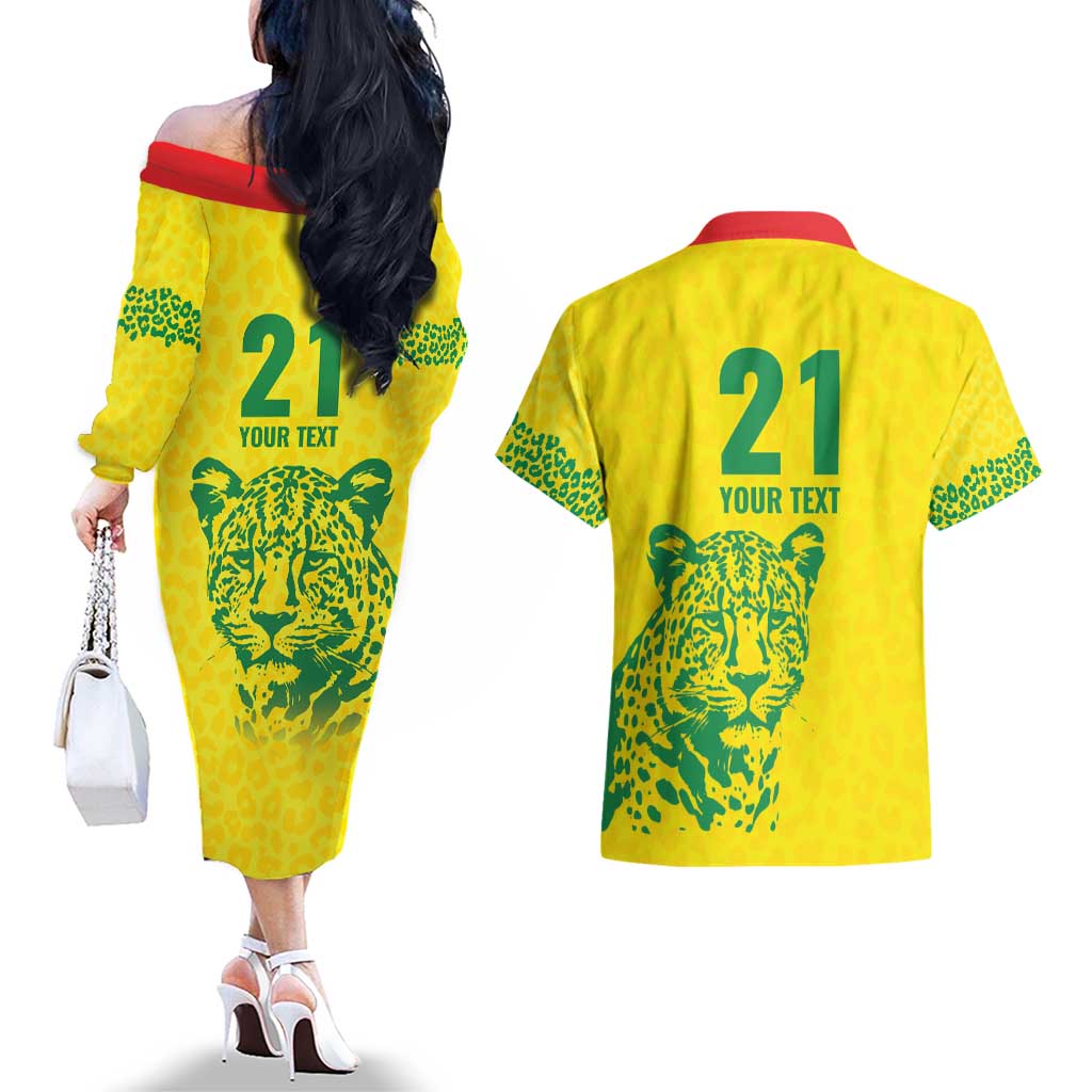 Custom Guyana Golden Jaguars Couples Matching Off The Shoulder Long Sleeve Dress and Hawaiian Shirt Heritage Flame Edition - Wonder Print Shop