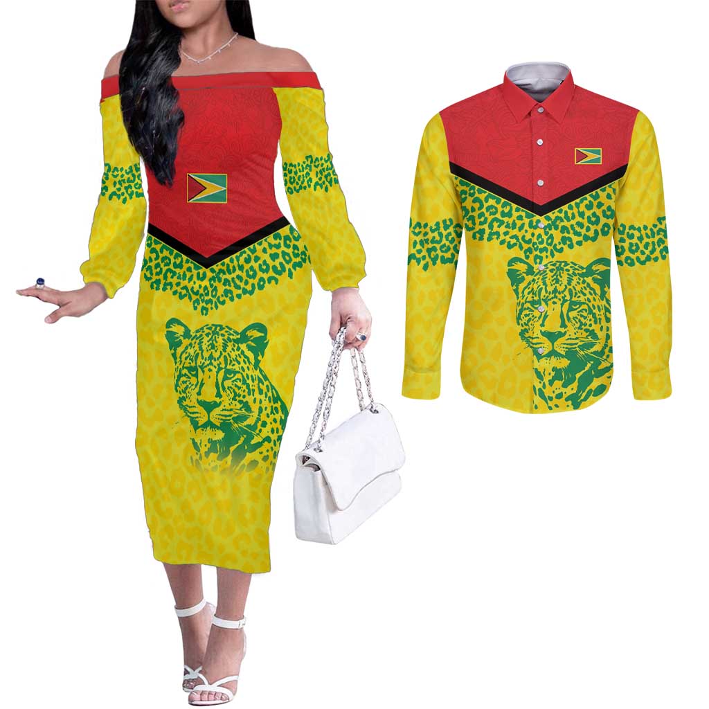 Custom Guyana Golden Jaguars Couples Matching Off The Shoulder Long Sleeve Dress and Long Sleeve Button Shirt Heritage Flame Edition - Wonder Print Shop