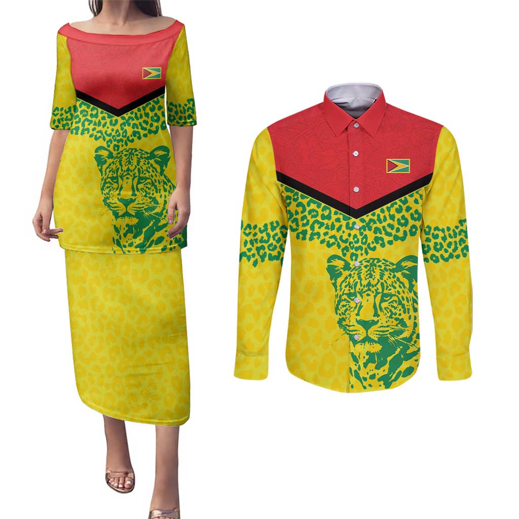 Custom Guyana Golden Jaguars Couples Matching Puletasi and Long Sleeve Button Shirt Heritage Flame Edition - Wonder Print Shop