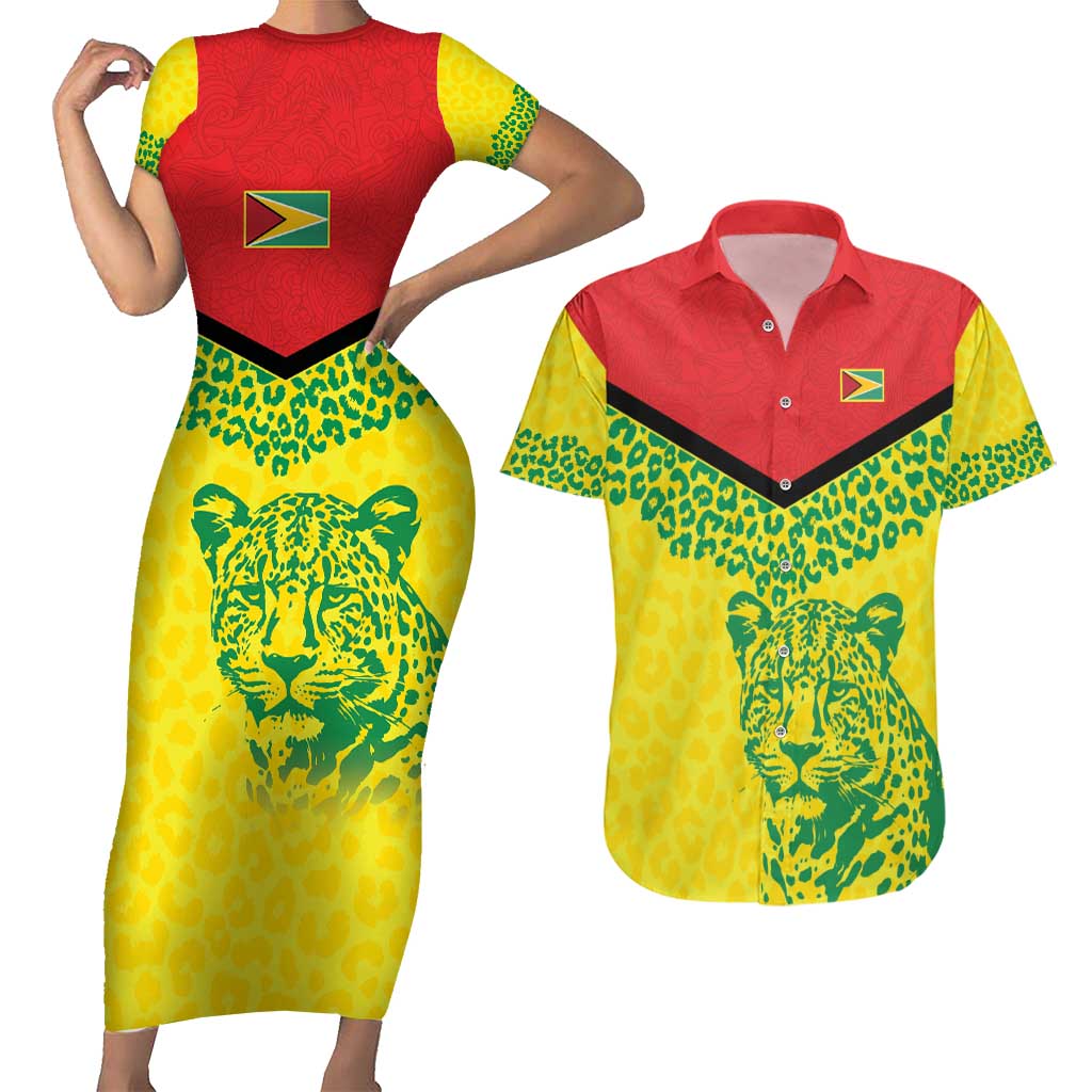 Custom Guyana Golden Jaguars Couples Matching Short Sleeve Bodycon Dress and Hawaiian Shirt Heritage Flame Edition - Wonder Print Shop