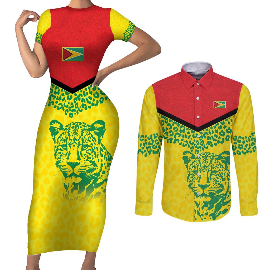 Custom Guyana Golden Jaguars Couples Matching Short Sleeve Bodycon Dress and Long Sleeve Button Shirt Heritage Flame Edition - Wonder Print Shop