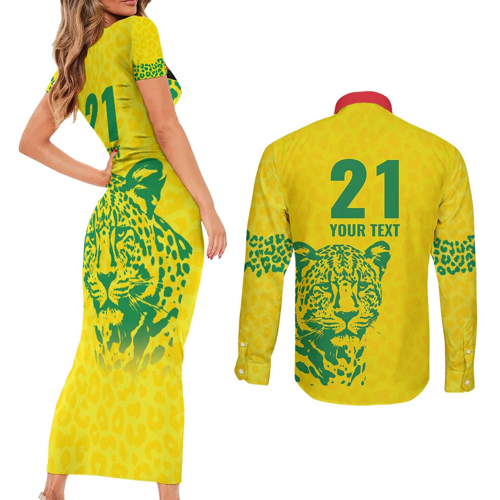 Custom Guyana Golden Jaguars Couples Matching Short Sleeve Bodycon Dress and Long Sleeve Button Shirt Heritage Flame Edition - Wonder Print Shop