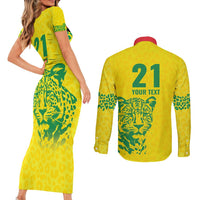 Custom Guyana Golden Jaguars Couples Matching Short Sleeve Bodycon Dress and Long Sleeve Button Shirt Heritage Flame Edition - Wonder Print Shop