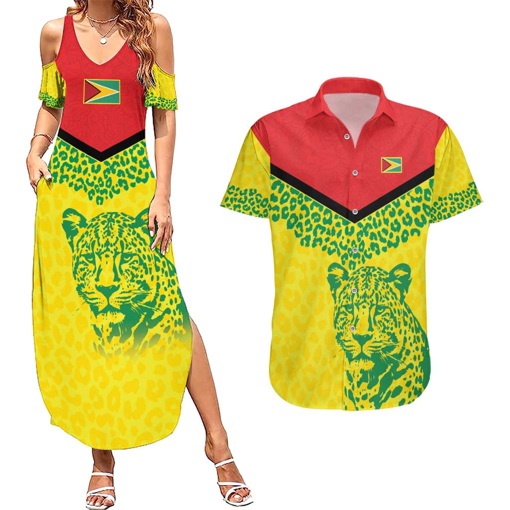Custom Guyana Golden Jaguars Couples Matching Summer Maxi Dress and Hawaiian Shirt Heritage Flame Edition - Wonder Print Shop