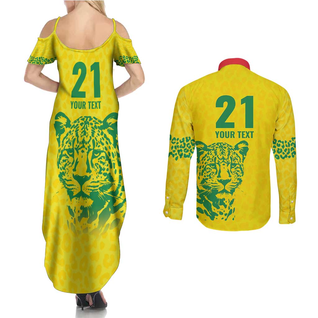 Custom Guyana Golden Jaguars Couples Matching Summer Maxi Dress and Long Sleeve Button Shirt Heritage Flame Edition - Wonder Print Shop
