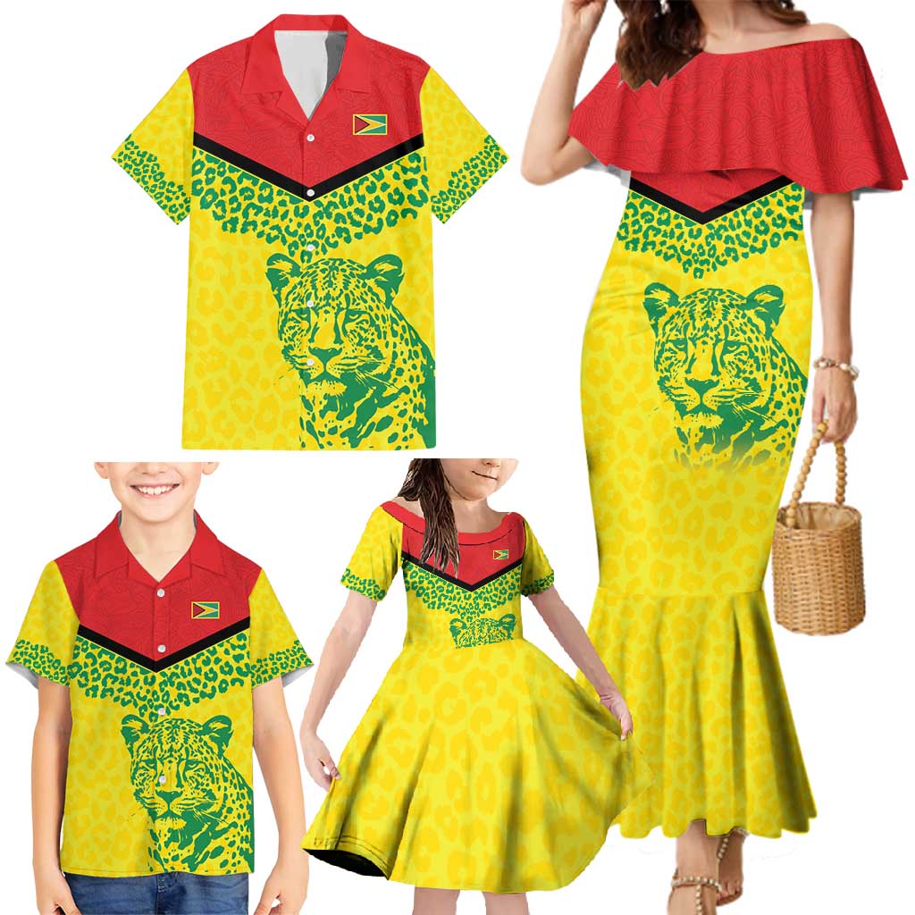 Custom Guyana Golden Jaguars Family Matching Mermaid Dress and Hawaiian Shirt Heritage Flame Edition - Wonder Print Shop