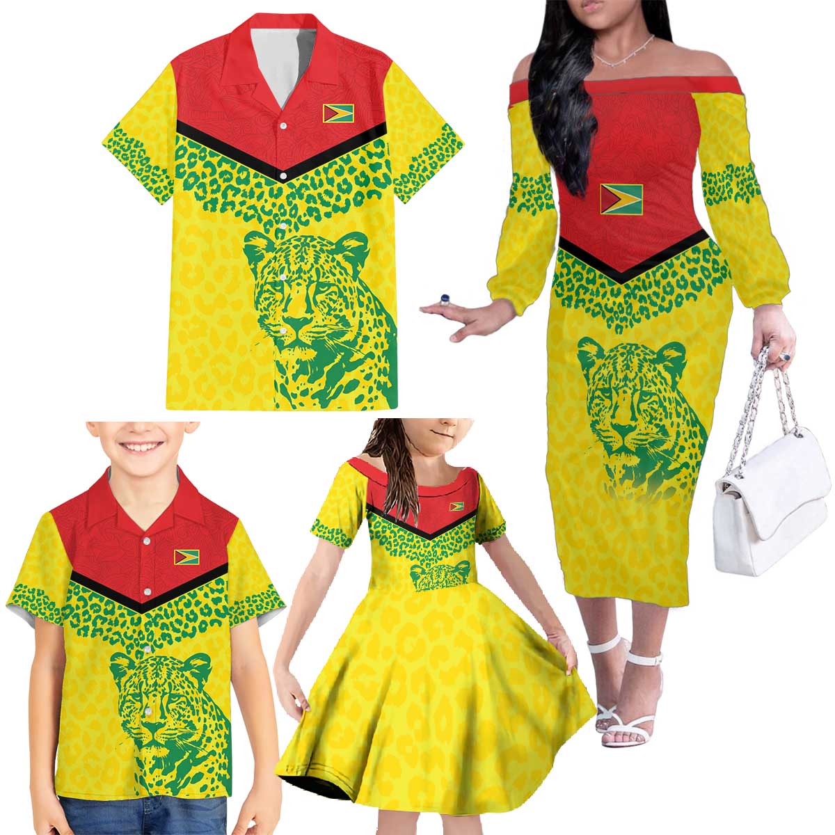 Custom Guyana Golden Jaguars Family Matching Off The Shoulder Long Sleeve Dress and Hawaiian Shirt Heritage Flame Edition - Wonder Print Shop