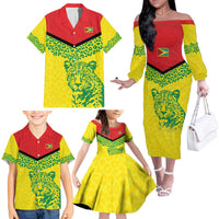 Custom Guyana Golden Jaguars Family Matching Off The Shoulder Long Sleeve Dress and Hawaiian Shirt Heritage Flame Edition - Wonder Print Shop