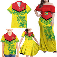 Custom Guyana Golden Jaguars Family Matching Off Shoulder Maxi Dress and Hawaiian Shirt Heritage Flame Edition - Wonder Print Shop