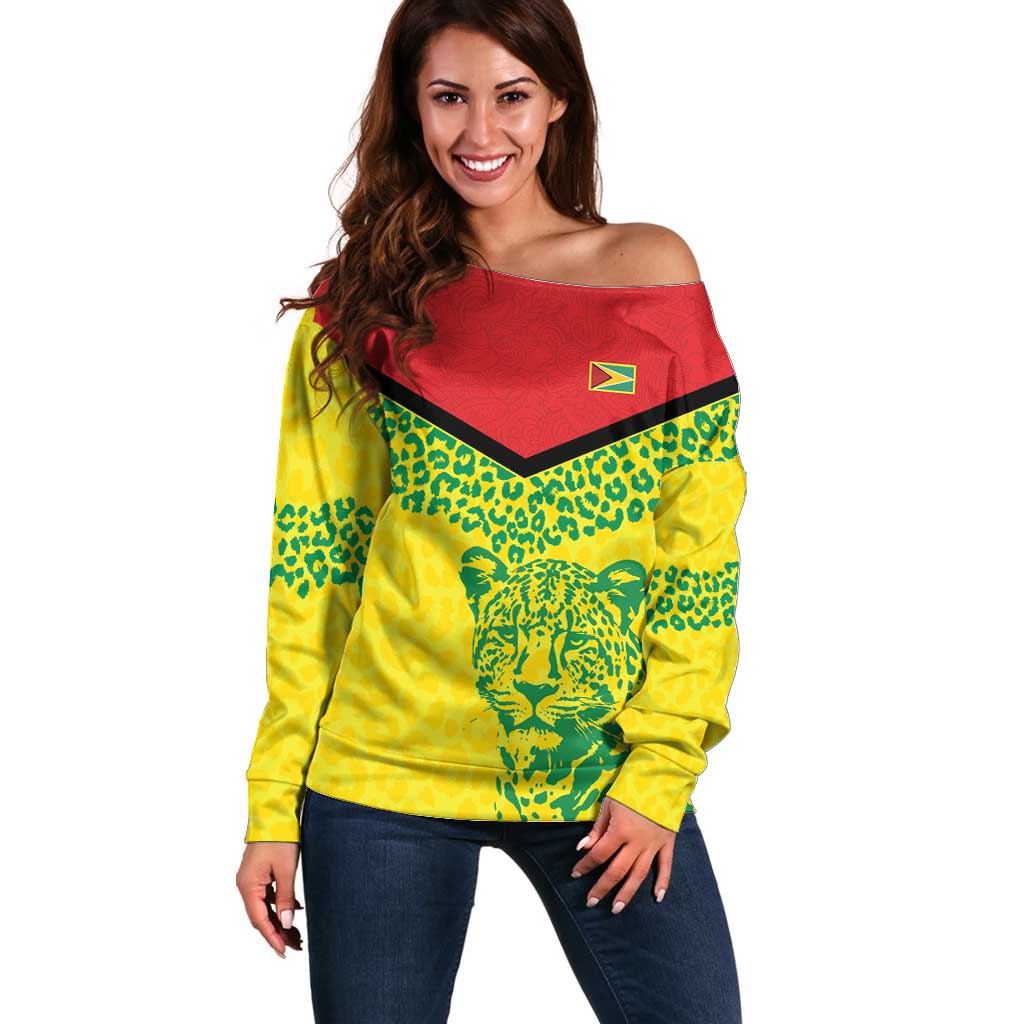 Custom Guyana Golden Jaguars Off Shoulder Sweater Heritage Flame Edition - Wonder Print Shop