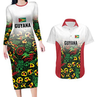 Custom Guyana Football Couples Matching Long Sleeve Bodycon Dress and Hawaiian Shirt Spirit of the Jaguar - White - Wonder Print Shop