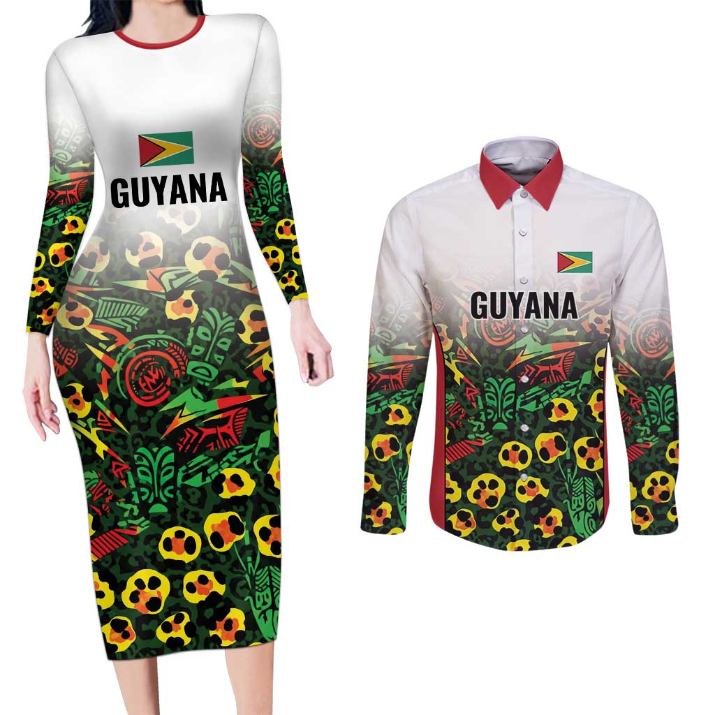 Custom Guyana Football Couples Matching Long Sleeve Bodycon Dress and Long Sleeve Button Shirt Spirit of the Jaguar - White - Wonder Print Shop