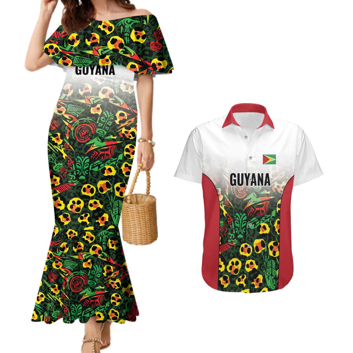 Custom Guyana Football Couples Matching Mermaid Dress and Hawaiian Shirt Spirit of the Jaguar - White - Wonder Print Shop