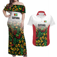 Custom Guyana Football Couples Matching Off Shoulder Maxi Dress and Hawaiian Shirt Spirit of the Jaguar - White - Wonder Print Shop