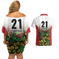 Custom Guyana Football Couples Matching Off Shoulder Short Dress and Hawaiian Shirt Spirit of the Jaguar - White - Wonder Print Shop