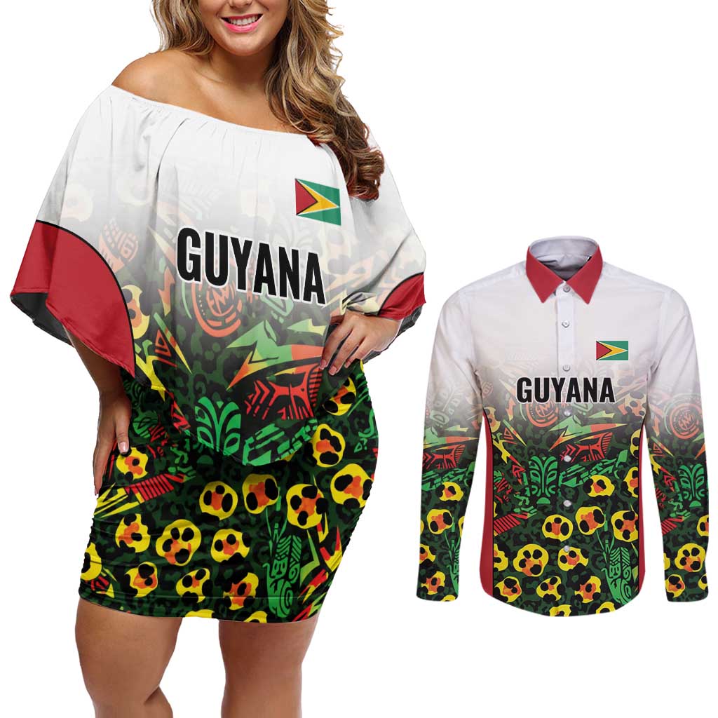 Custom Guyana Football Couples Matching Off Shoulder Short Dress and Long Sleeve Button Shirt Spirit of the Jaguar - White - Wonder Print Shop